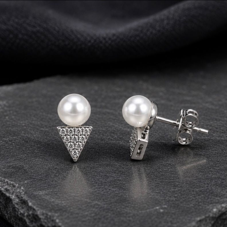 Geometric V-Spike Pearl & Swarovski Crystal Stud Earrings