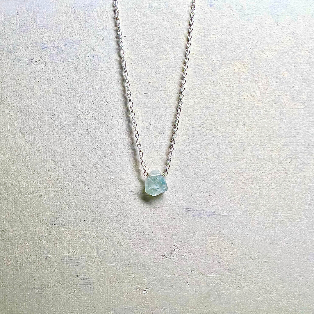 Raw Aquamarine Handmade Pendant with Chain in Sterling Silver