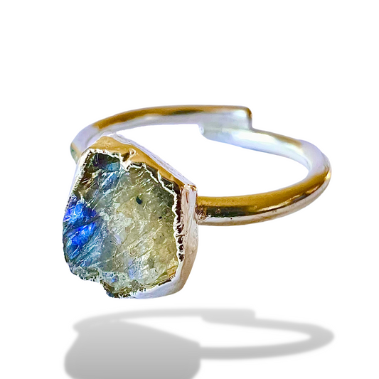 Raw Rainbow Moonstone Handmade Adjustable Ring in Sterling Silver
