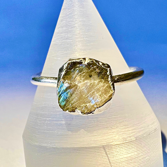 Raw Rainbow Moonstone Handmade Adjustable Ring in Sterling Silver