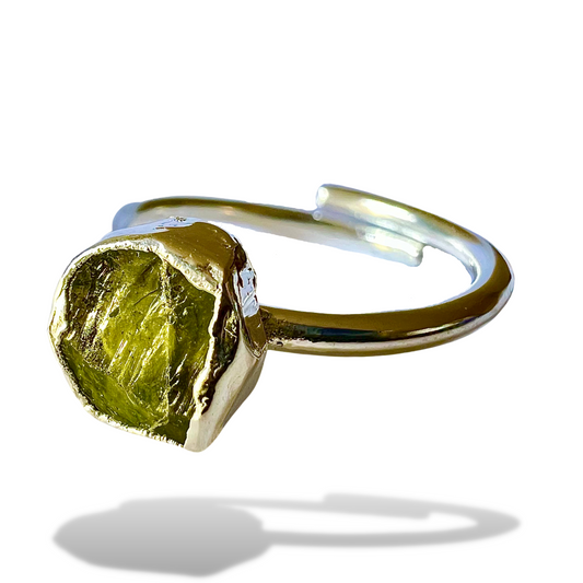 Raw Peridot Handmade Adjustable Ring in Sterling Silver