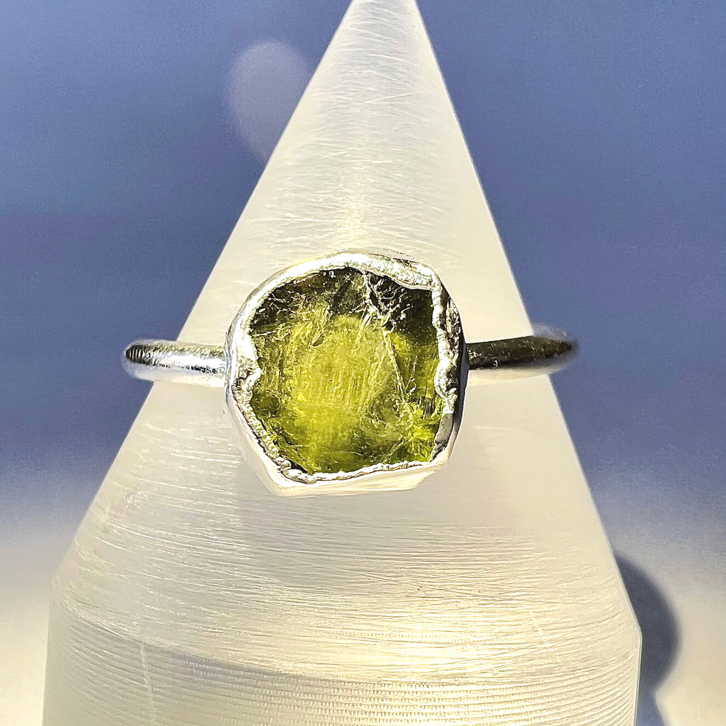 Raw Peridot Handmade Adjustable Ring in Sterling Silver