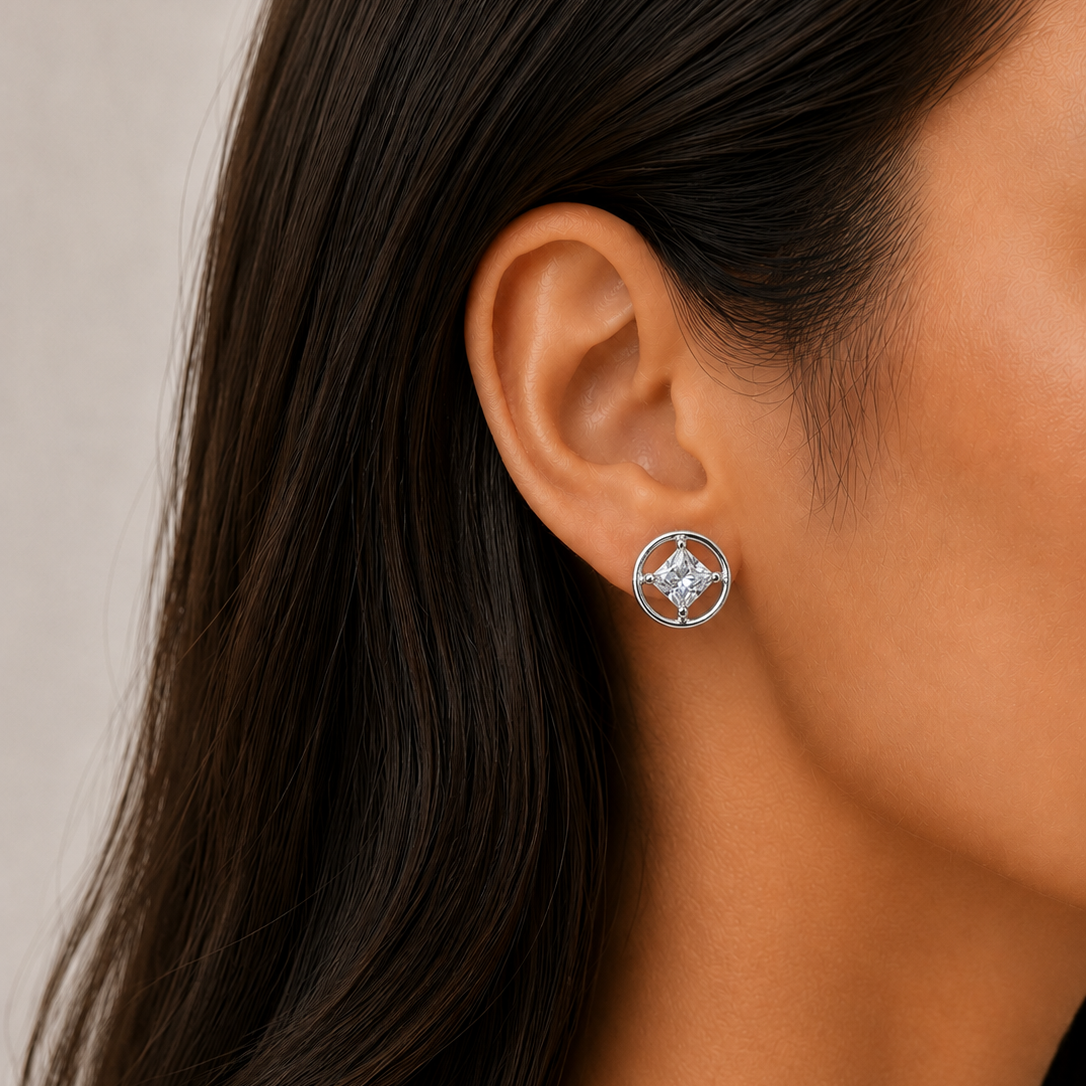Princess-Cut Floating Halo Crystal Stud Earrings