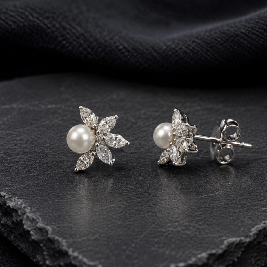 Lotus Blossom Pearl & Swarovski Crystal Stud Earrings