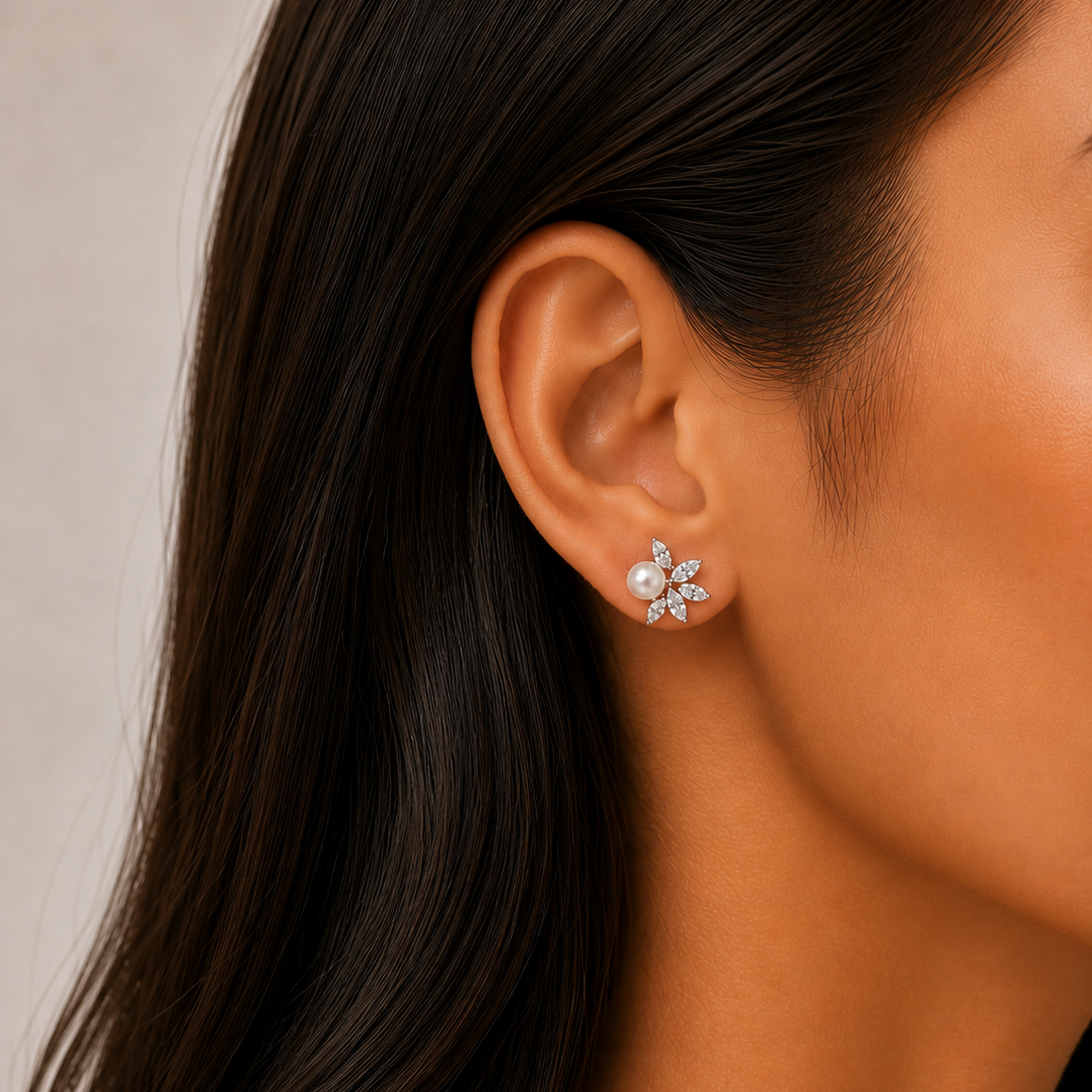Lotus Blossom Pearl & Swarovski Crystal Stud Earrings