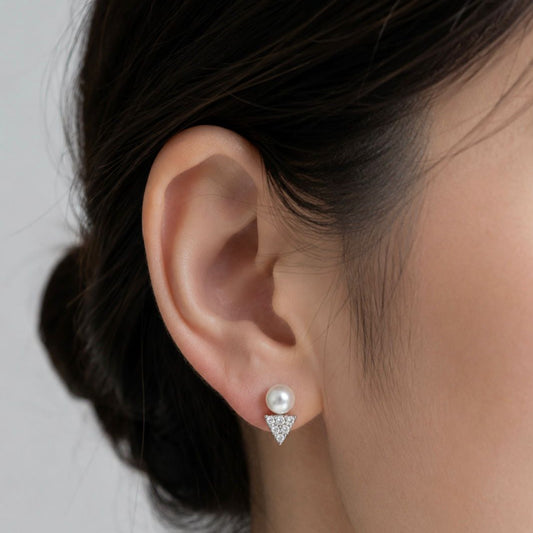 Geometric V-Spike Pearl & Swarovski Crystal Stud Earrings