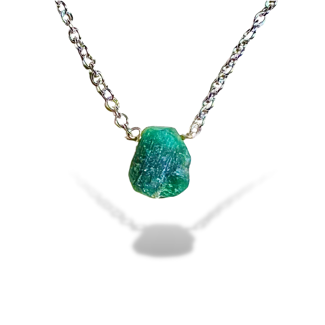Raw Emerald Handmade Pendant with Chain in Sterling Silver