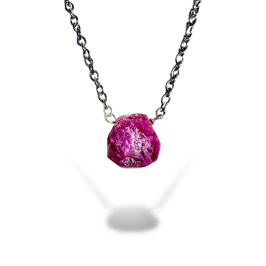 Raw Ruby Handmade Pendant with Chain in Sterling Silver