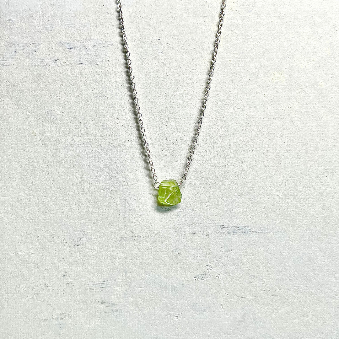 Raw Peridot Handmade Pendant with Chain in Sterling Silver